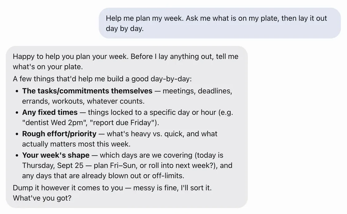 A chat where ClawMuse asks what is on your plate before planning the week day by day