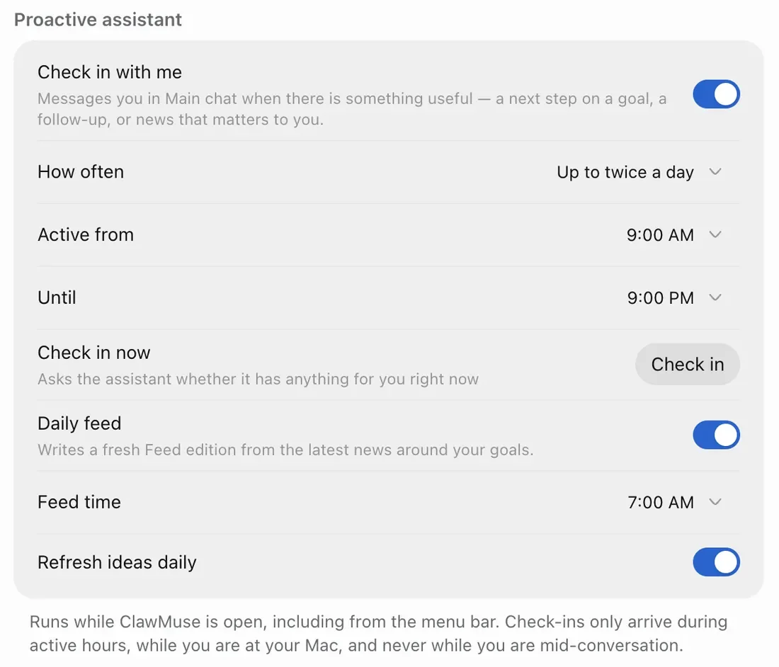 Proactive assistant settings: check in up to twice a day, active from 9:00 AM until 9:00 PM, daily feed at 7:00 AM