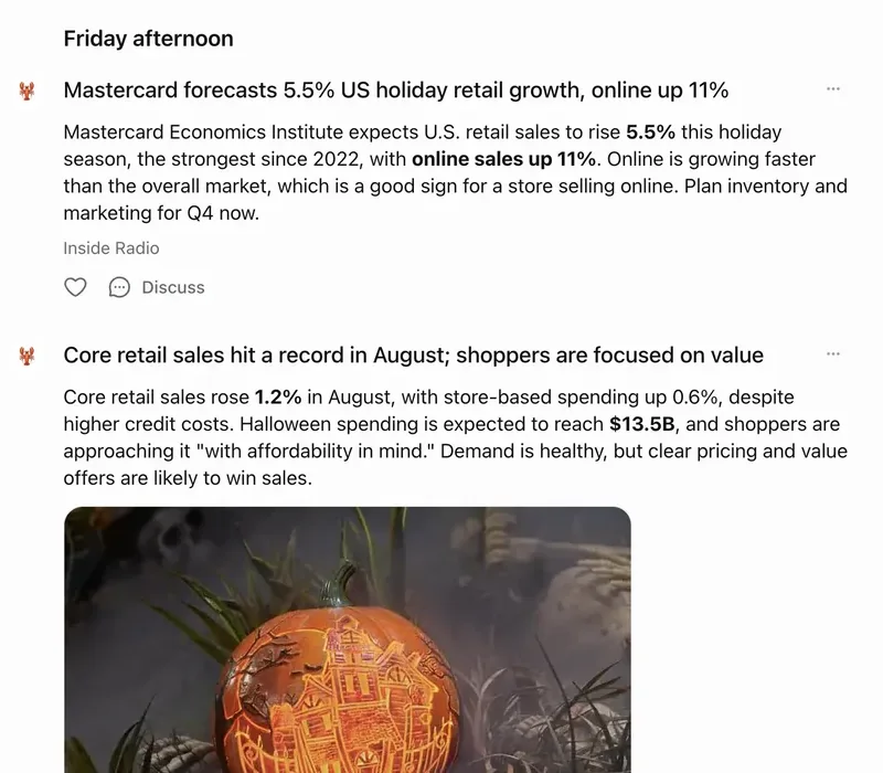 Feed stories about holiday retail growth with their sources and a picture
