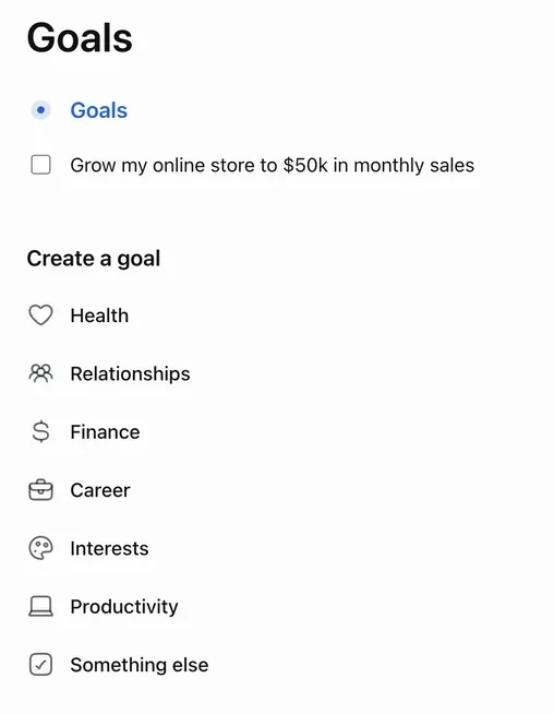 The Goals screen listing the goal βGrow my online store to $50k in monthly salesβ