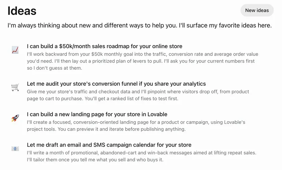 Ideas tailored to a $50k/month store goal, such as a sales roadmap and a conversion-funnel audit