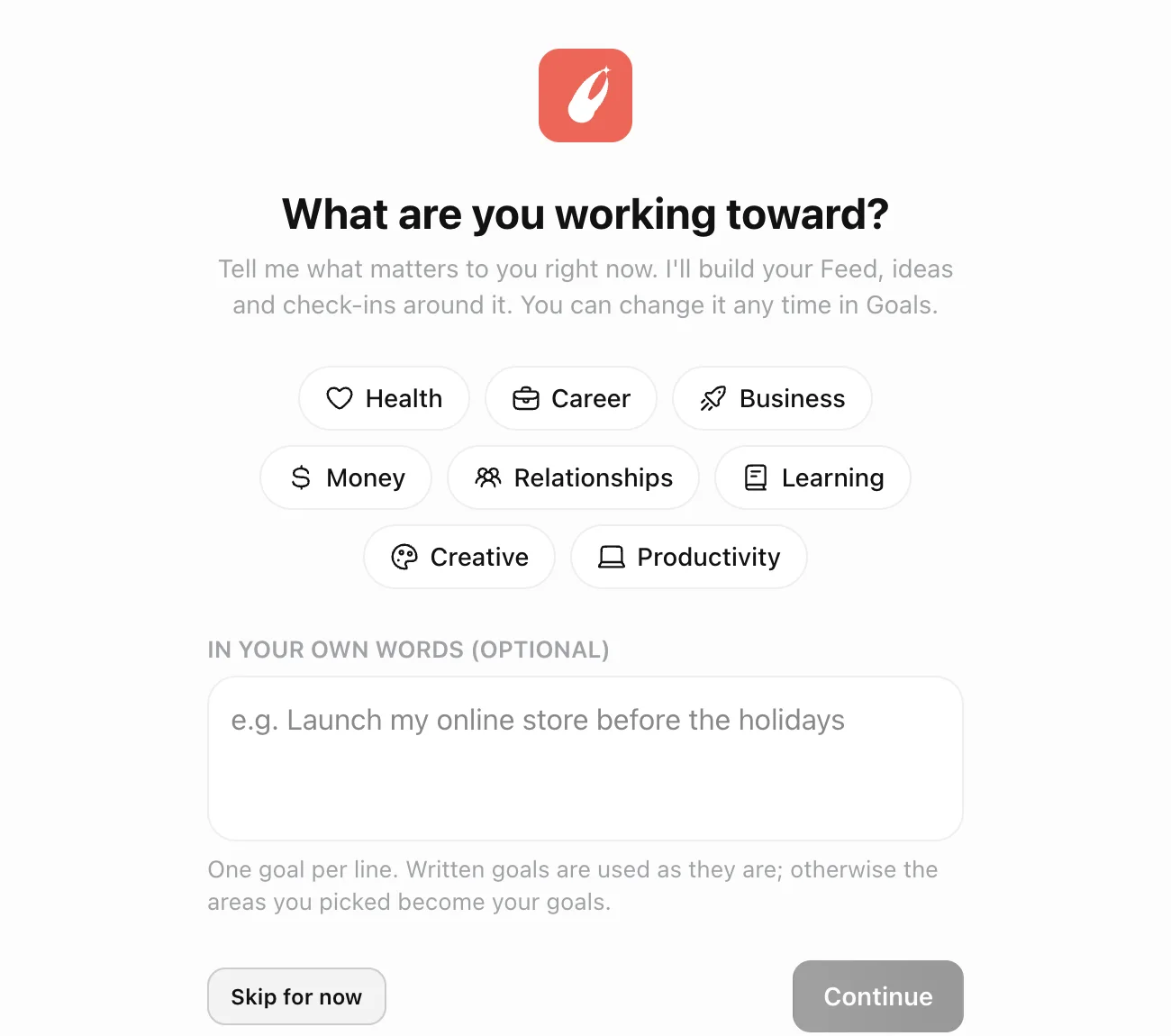 ClawMuse's first question: What are you working toward? with areas to pick from